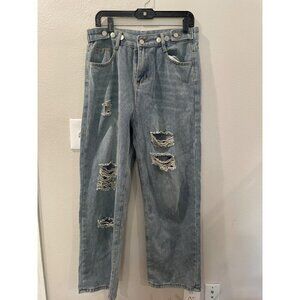 BLUE jeans WOMENS COTTON SIZE LARGE RIP AND DISTRESSED HIGH WAISTED wide leg
